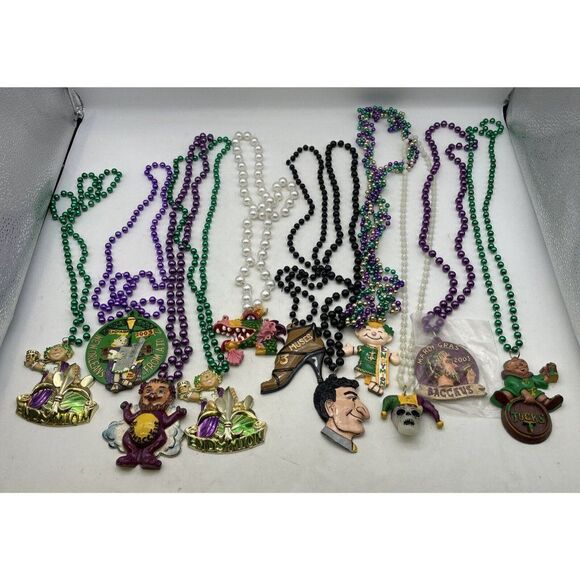 Mardi Gras Necklace Lot Large Pendant Beaded Dragon Endymion Bacchus & More